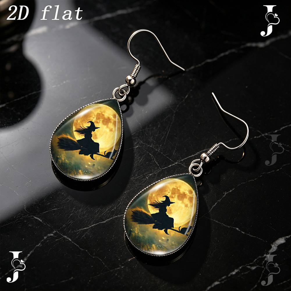 Full Moon Witch Silhouette Teardrop Earrings